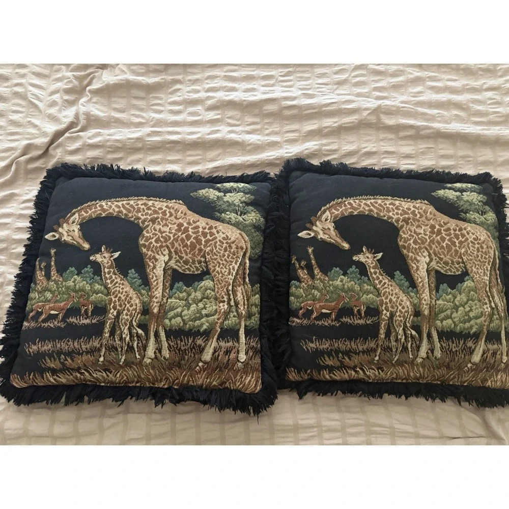 Vintage African Tapestry Throw Pillows, Giraffes, lot of 2